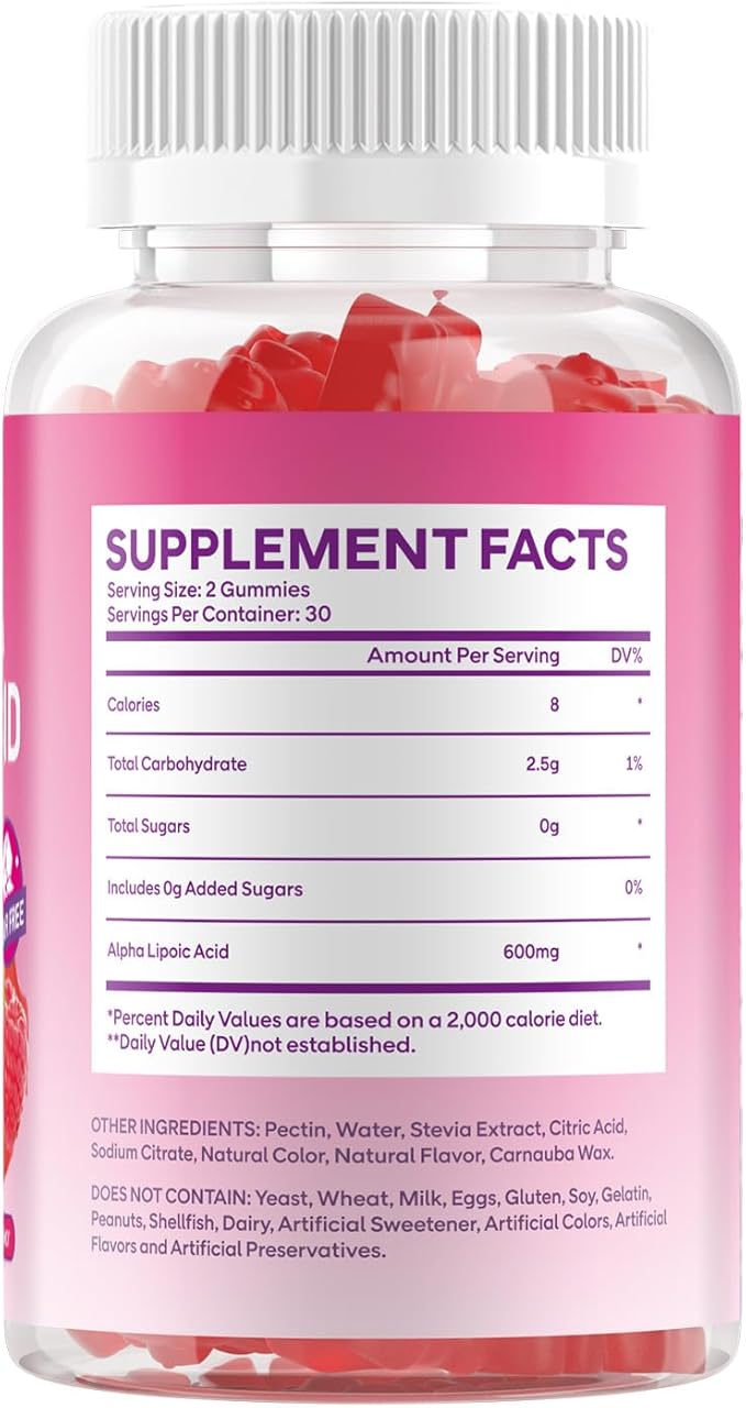 Alpha Lipoic Acid Gummies 600mg, High Absorption Chewable ALA Supplement, Raspberry Flavor, Vegan, Sugar Free, 60 Count
