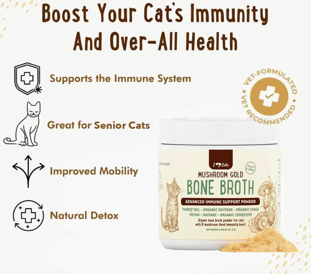 iHeartCats Bone Broth for Cats - Bone Broth & Mushroom Gold Powder Supplement for Immune System Support, Improved Mobility & Flexibility and Natural Detox - Turkey Tail Mushroom for Cats