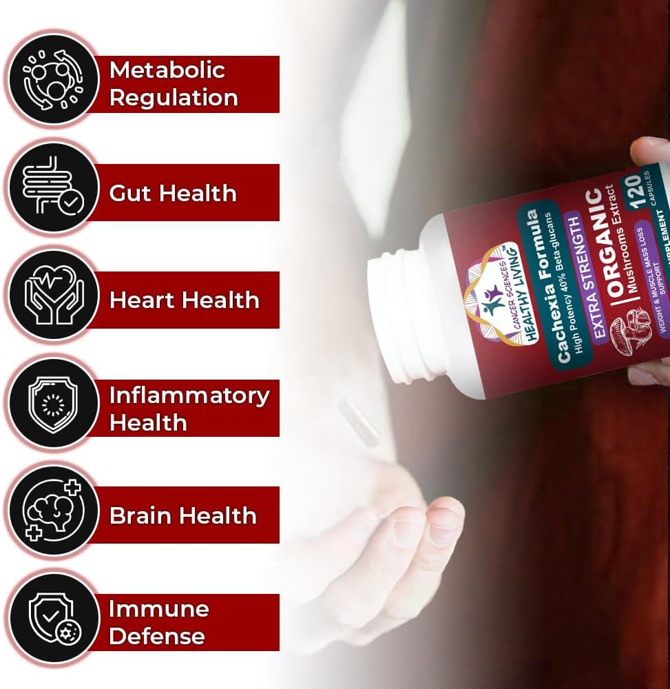 CANCER SCIENCES Cachexia Supplement, USDA Certified Organic Mushrooms Extract Capsules, Extra Strength 1,500 mg, High Potency 40% Beta-Glucans, Immune & Metabolic Support, Weight & Muscle Mass Support