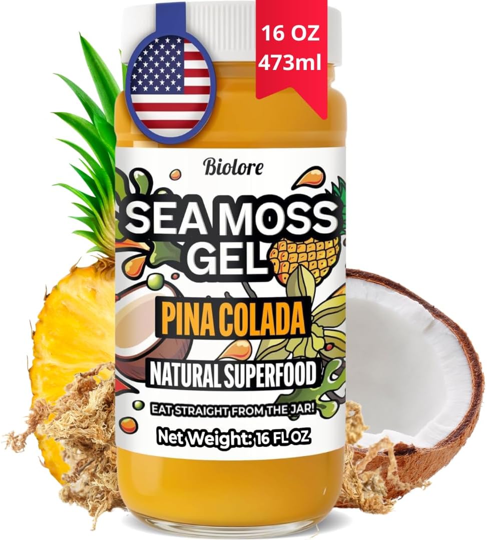 Biolore Pina Colada Sea Moss Gel 16 oz - No Added Sugar, Vegan, Made in USA - Wildcrafted Sea Moss Superfood with 92 Essential Vitamins - Ready to Use, No Prep Needed