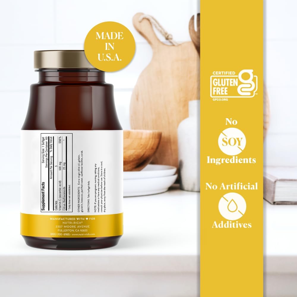 Nutri-Rich Vitamin C 500mg – Softgels with 25 Bioflavonoids – Antioxidant, Immune & Skin Health Support – Gluten-Free, Third-Party Quality Tested – 60 Count for Adults