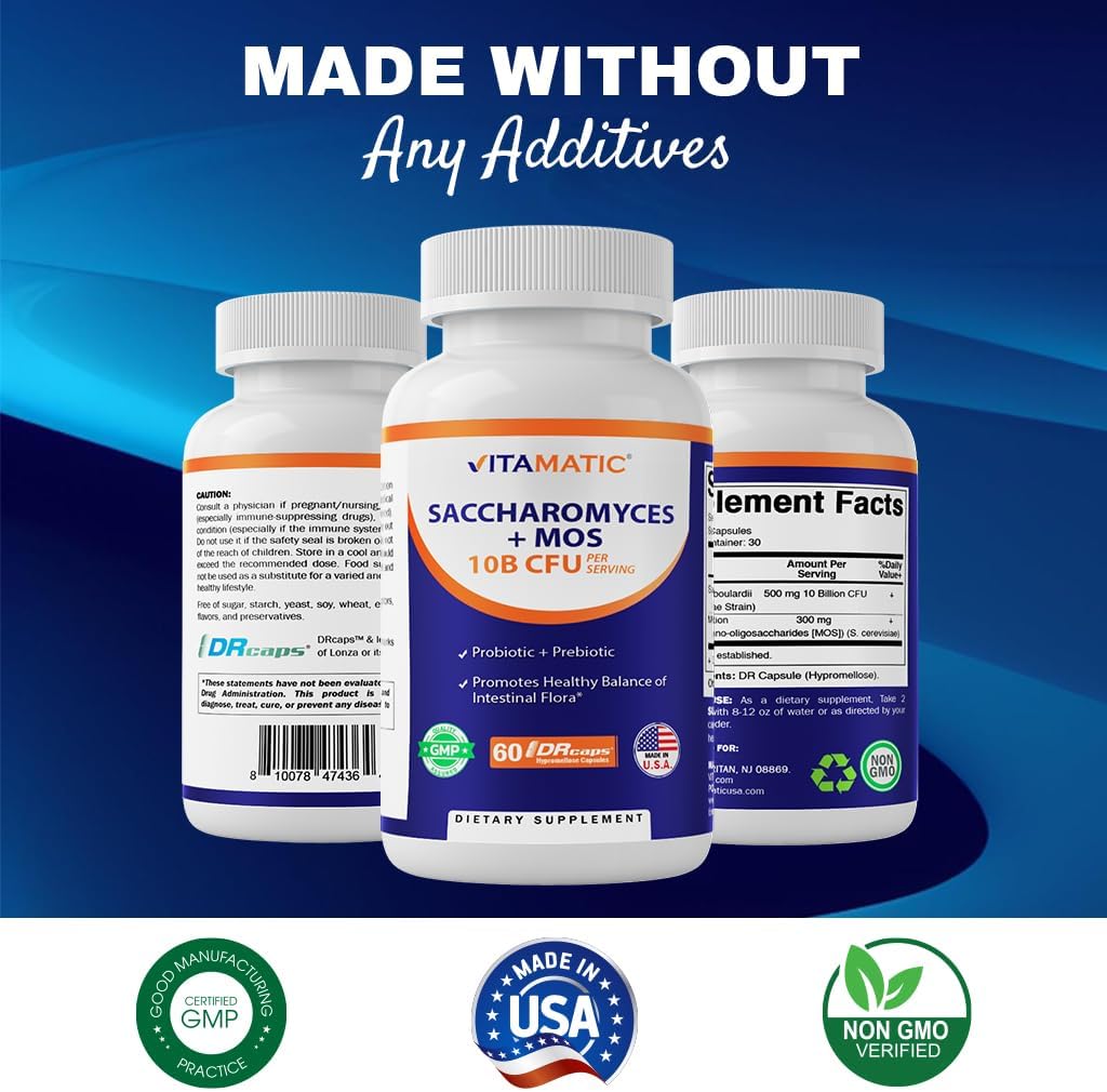 Vitamatic Saccharomyces Boulardii Probiotic 10B per Serving + Yeast Extract (MOS Yeast Fraction) 300 mg - 60 DR Capsules - Made in The USA