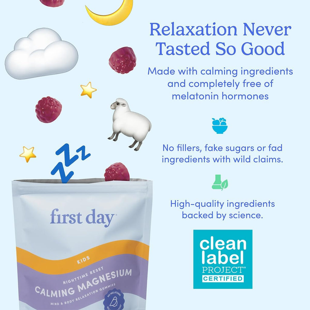 FIRST DAY Magnesium for Kids Gummies – Calm Kids Magnesium Citrate Gummies to Support Sleep & Relaxation – Bedtime Supplement with Suntheanine® L-Theanine, NO Melatonin - Strawberry - 30-Day Supply