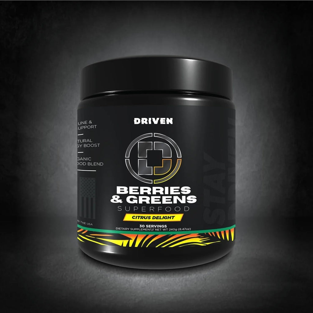 Driven B&G Berries & Greens Superfood Powder, 30 Servings - Organic Plant-Based Formula with Probiotics & Digestive Enzymes -Supports Recovery, Healthy Digestion, and Immune Function (Citrus Delight)