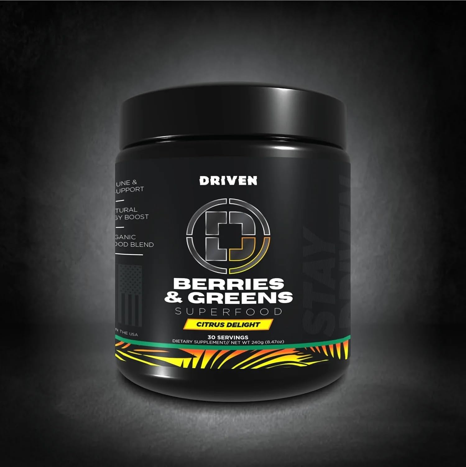 Driven B&G Berries & Greens Superfood Powder, 30 Servings - Organic Plant-Based Formula with Probiotics & Digestive Enzymes -Supports Recovery, Healthy Digestion, and Immune Function (Citrus Delight)