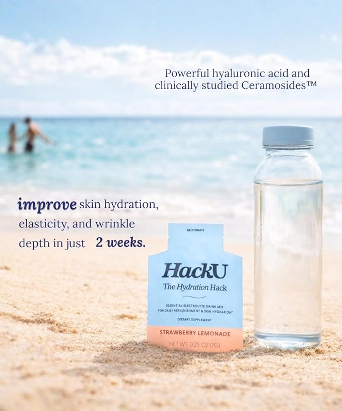 HackU The Hydration Hack, Strawberry Lemonade, Sugar-Free, Electrolyte Drink Mix with Sea Salt, Magnesium, Potassium, Hyaluronic Acid, Vitamin-C, 10pk/25pk