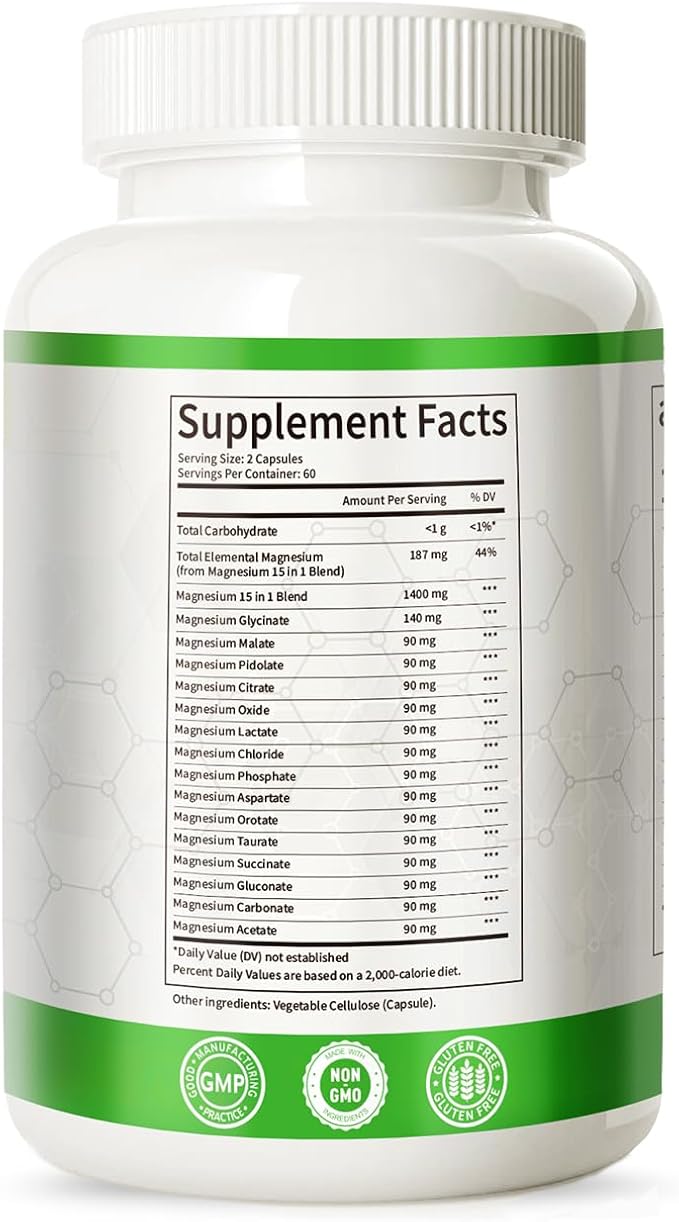 Magnesium Complex with 15 Types Magnesium Glycinate Citrate Malate Taurate Oxide Carbonate Chloride Orotate Magnesio Muscle, Heart, Relaxation & Nerves 120 Vegan Capsules, 60-Day Supply