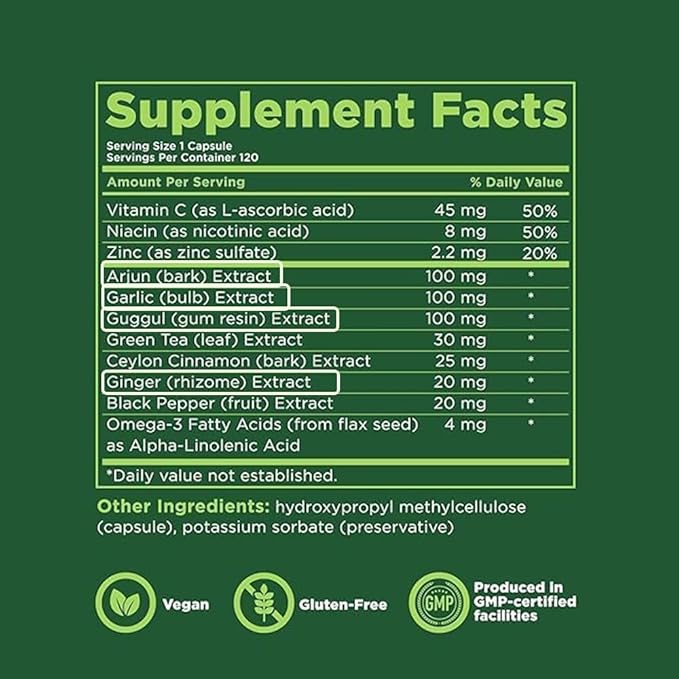 Kapiva Cholesterol Lowering & Heart Health Supplement | Plant Sterols, Niacin, Arjuna, Garlic & Guggul | Natural Herbal Vitamins for Healthy Cholesterol Support | 60 Capsules