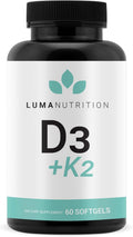 Luma Nutrition D3 + K2 Vitamin 10000 IU - Bone and Heart Health Supplement - Max Strength Immune Support and Calcium Absorption - 60 Softgels