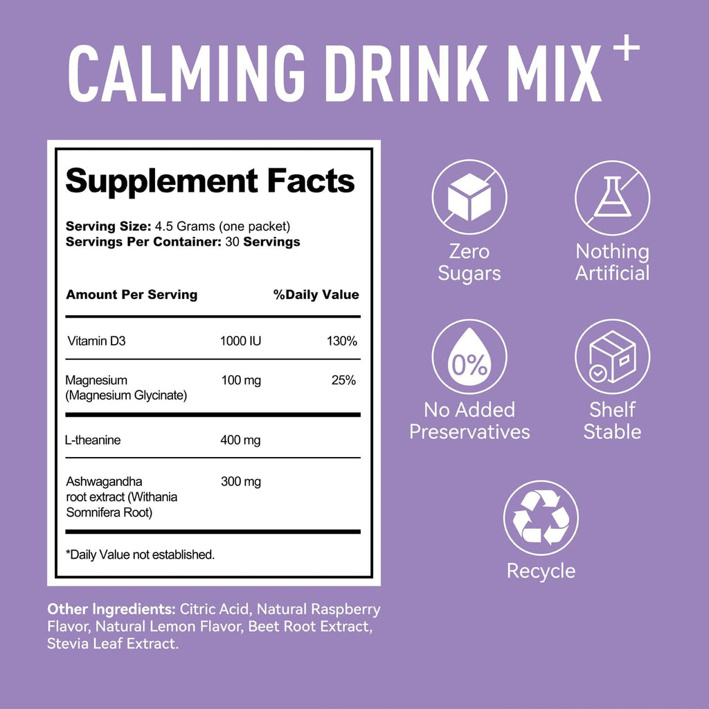 UltraCalm Super Cortisol Drink with Magnesium Glycinate, Ashwagandha, L-Theanine, Vitamin D3, Magnesium Glycinate Powder for Sleep & Stress Relief, Raspberry Lemonade, Sugar Free（30 Servings）