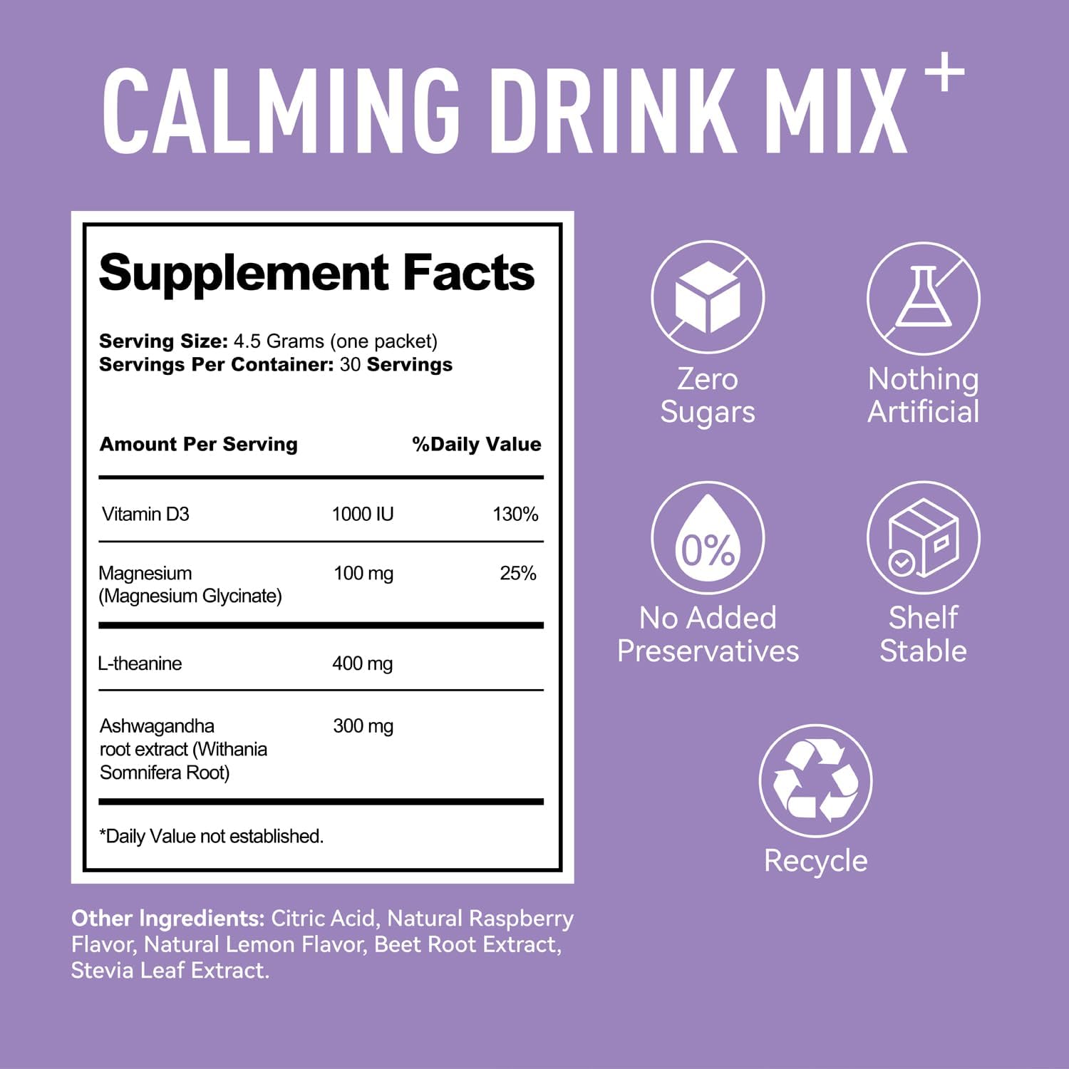 UltraCalm Super Cortisol Drink with Magnesium Glycinate, Ashwagandha, L-Theanine, Vitamin D3, Magnesium Glycinate Powder for Sleep & Stress Relief, Raspberry Lemonade, Sugar Free（30 Servings）