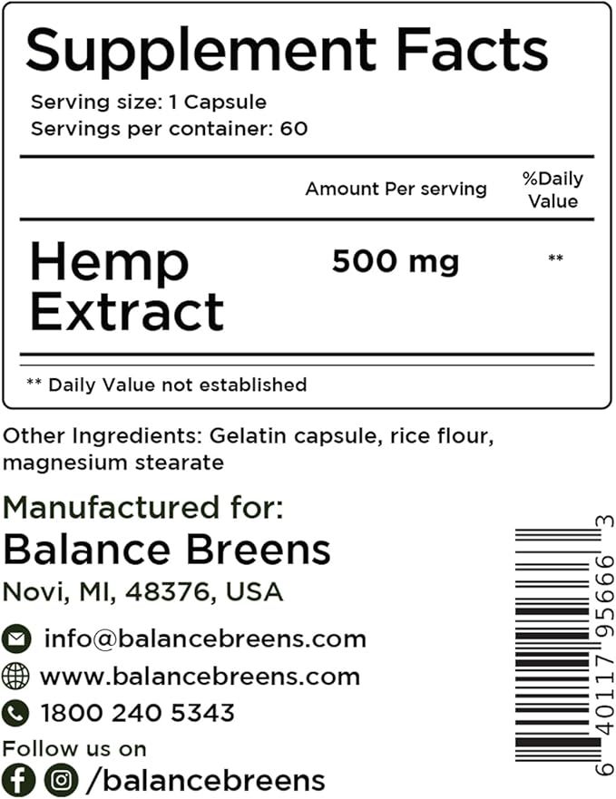 Balancebreens Hemp Extract Capsules 30,000 mg per Bottle - Natural Dietary Supplement Supports Brain Functions, Immune Support - Rich in Omega 3-6-9 Fatty Acids (60 Count (Pack of 1))