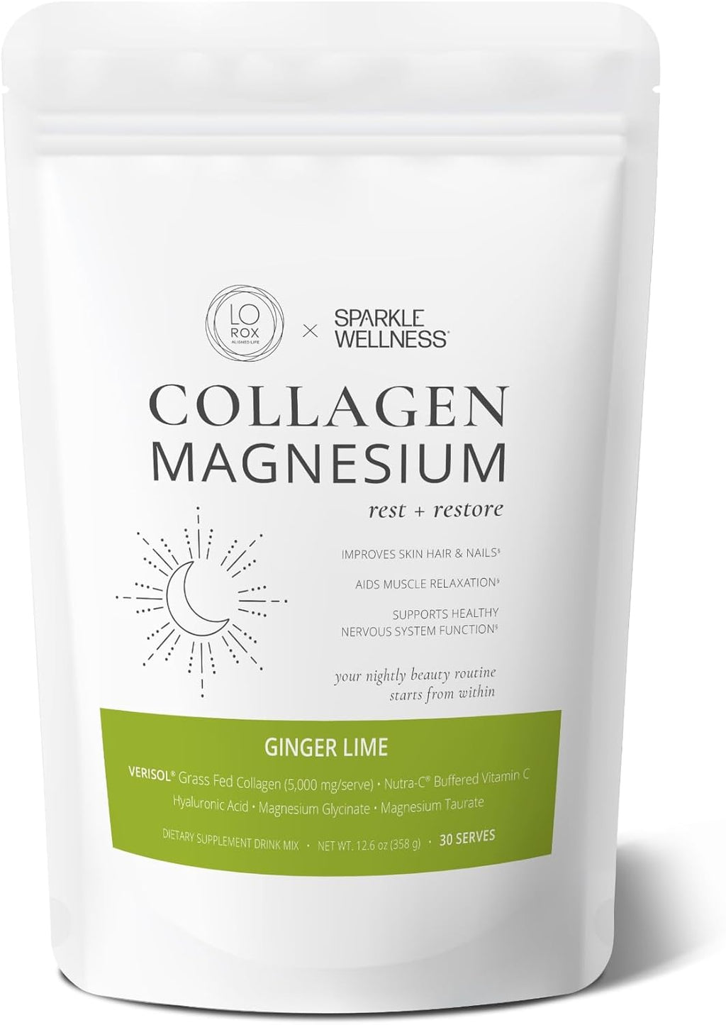 Collagen Magnesium Rest + Restore (Ginger Lime) [30 Serves] | VERISOL Bioactive Collagen Peptides, Magnesium Glycinate & Taurate Salts | Lauren Roxburgh Rest + Restore | Calming Nightly Beauty Routine
