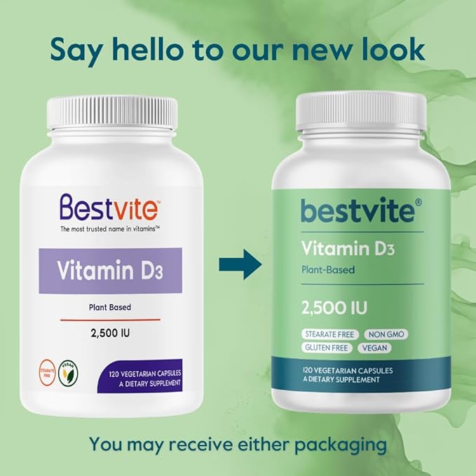 BESTVITE Vegan Vitamin D3 2500 IU (120 Vegetarian Capsules) - No Stearates - Vegan - Non GMO - Gluten Free
