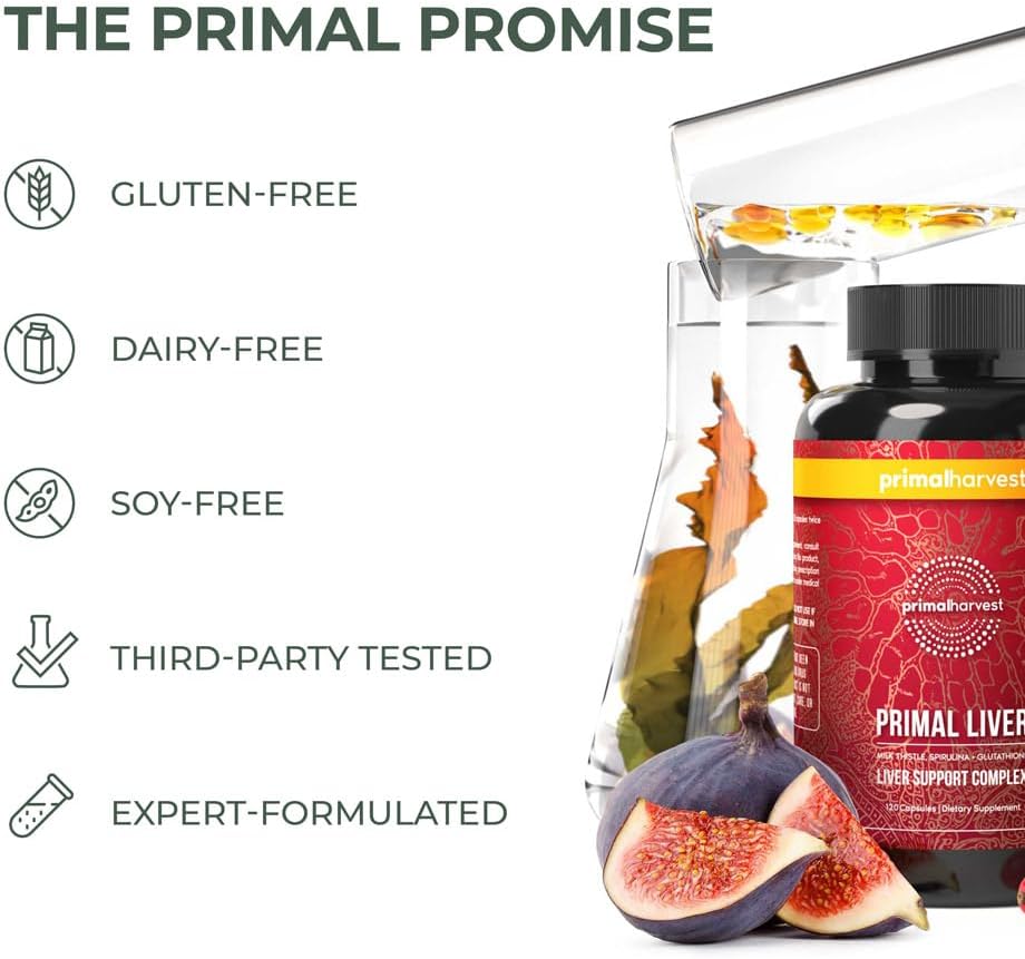 Primal Harvest Primal Liver 2 Pack, Liver Supplement with, Alpha-Lipoic Acid, L-Cysteine HCL, L-Glutathione, Milk Thistle, and Spirulina, for Men and Women, 240 Capsules (2)