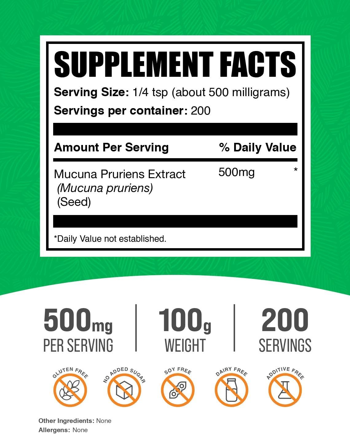BulkSupplements.com Mucuna Pruriens Extract Powder - Mucuna Pruriens Supplements, Herbal Supplement - Vegan & Gluten Free, 500mg per Serving, 100g (3.5 oz) (Pack of 1)
