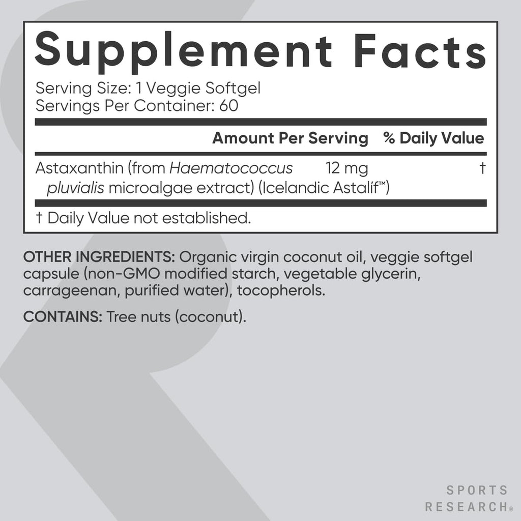 Sports Research Vegan Icelandic Astaxanthin 12mg with Organic Coconut Oil | Vegan Certified & Non-GMO Project Verified Dietary Supplement - 60 Veggie Softgels (2 Month Supply)
