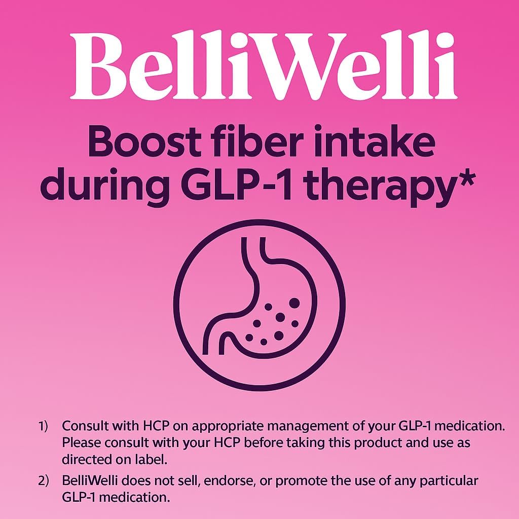 BelliWelli Fiber Supplement for Women & Men – Premium Daily Fiber Powder from Organic Acacia with Added Collagen, Electrolytes & Probiotics – No Bloat, Constipation & Gut Health Support (Peach Mango)
