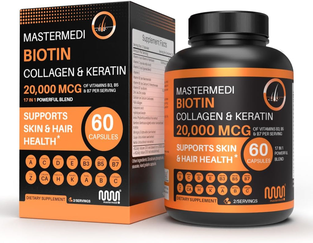 mastermedi Biotin 20,000mcg with Collagen, Keratin & Hyaluronic Acid – Hair, Skin & Nail Support – 60 Capsules, 2-Month Supply – Zinc, Vitamins A–E, Bamboo & Amla Extract – Non-GMO, Gluten-Free