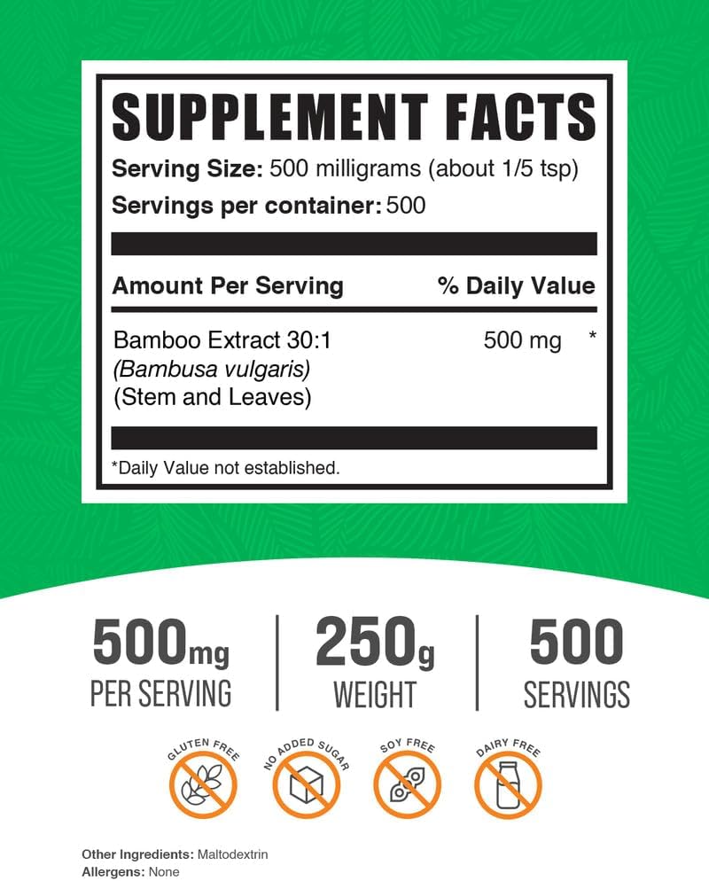 BulkSupplements.com Bamboo Extract Powder - Silica Supplements, Bamboo Powder - Herbal Supplement, Gluten Free, 500mg per Serving, 250g (8.8 oz) (Pack of 1)