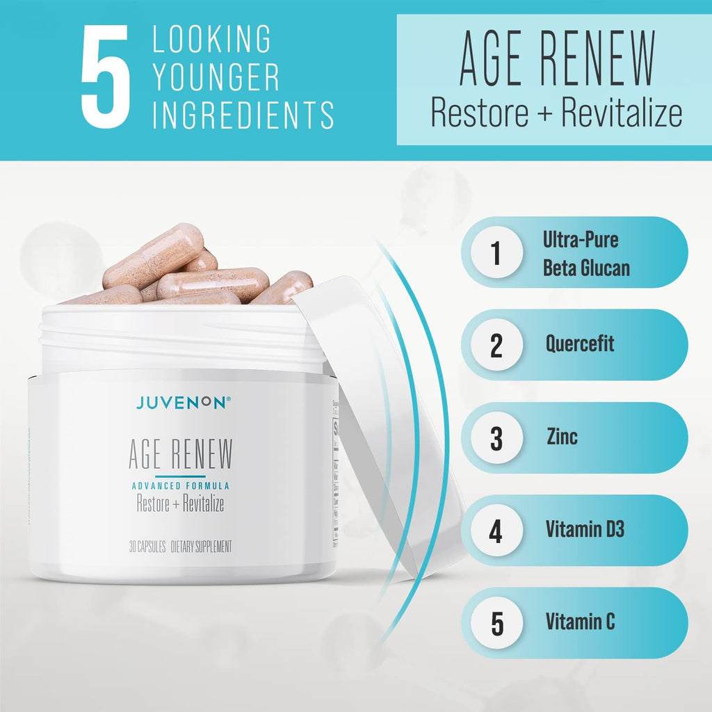 Juvenon AgeRenew Beta Glucan Anti Aging Immunity Support Supplement, Beta Glucan with Zinc Quercetin for Immune Defense Boost