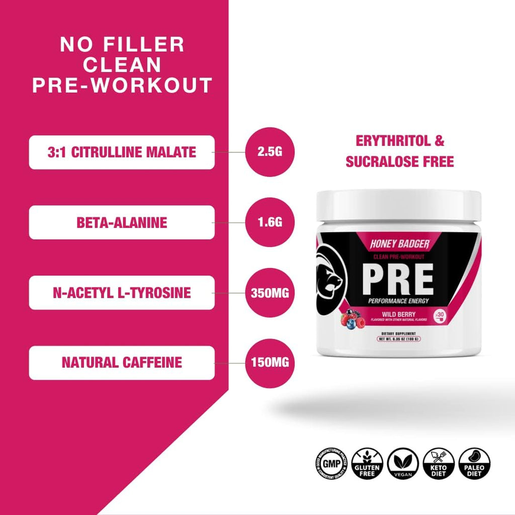 Honey Badger Pre Workout Powder, Keto Vegan Preworkout for Men & Women, Beta Alanine & Caffeine, Sugar Free Natural Energy Supplement, Wild Berry, 30 Servings