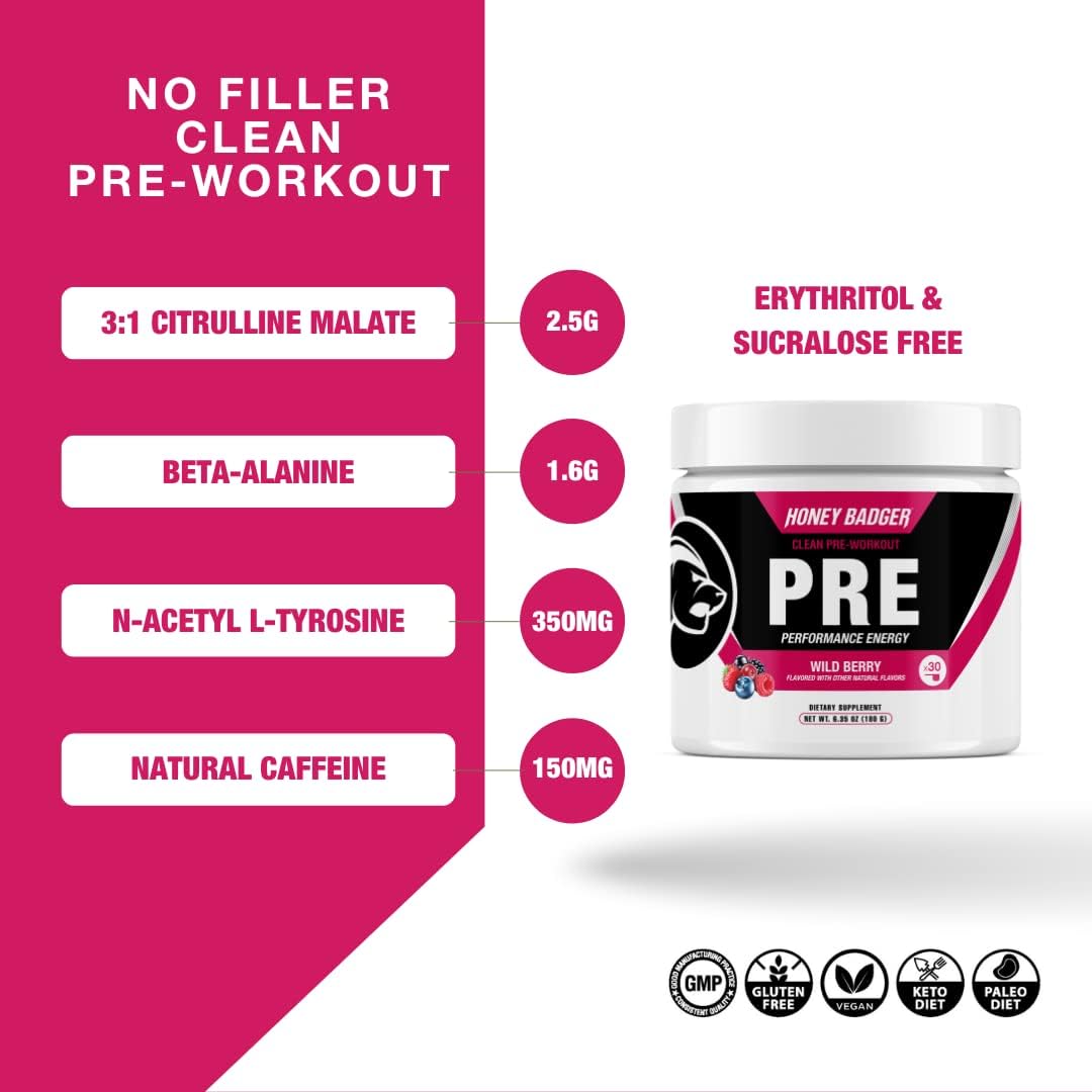 Honey Badger Pre Workout Powder, Keto Vegan Preworkout for Men & Women, Beta Alanine & Caffeine, Sugar Free Natural Energy Supplement, Wild Berry, 30 Servings