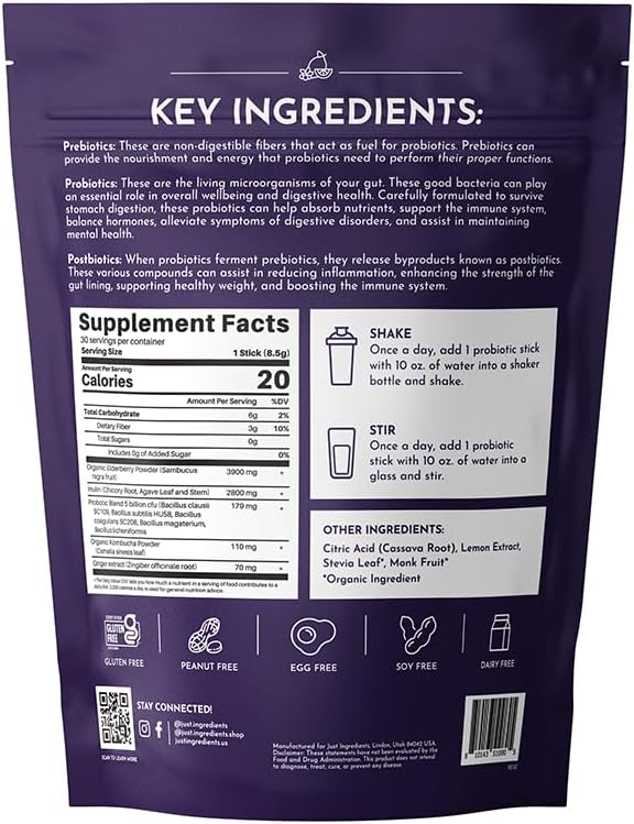 Elderberry Lemonade 3‑In‑1 Probiotic Complex – 30‑Stick Drink Mix with Prebiotics, Probiotics & Postbiotics – 5 Billion CFU Spore Strains + Lemon Extract – Immune, Gut & Digestive Support