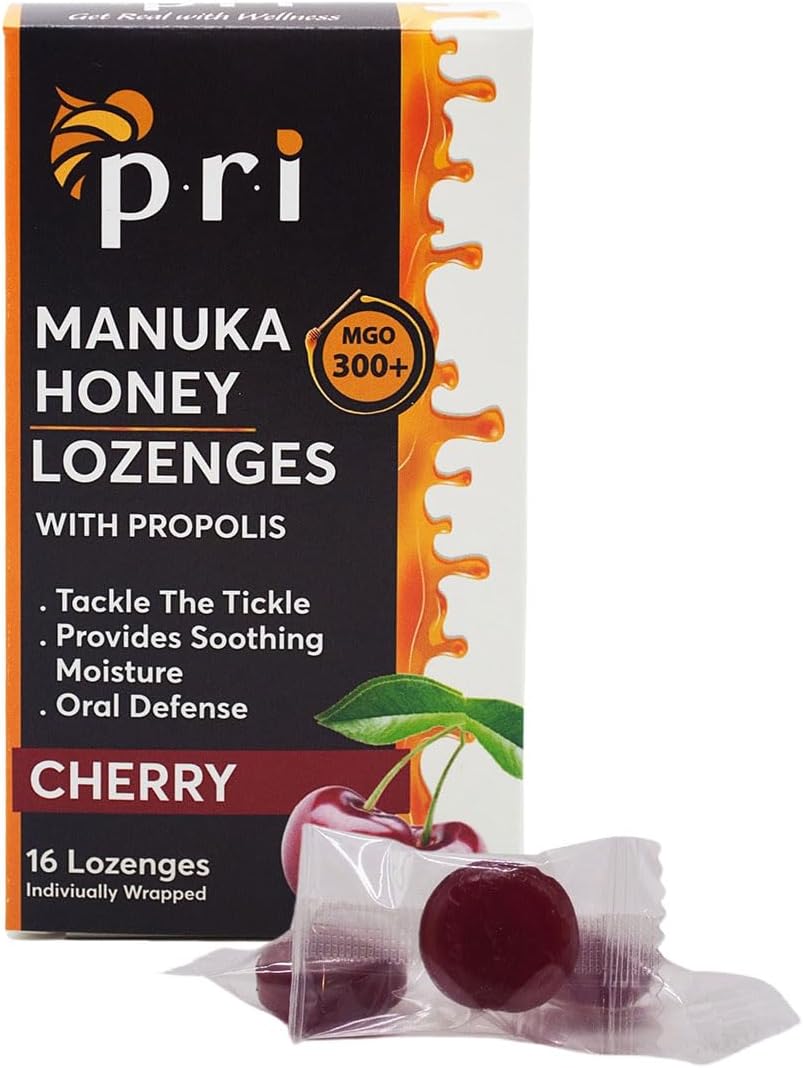 P.R.I Manuka Honey Lozenges with Propolis, Soothing Cough and Throat Drops, MGO 300+ Certified, (Cherry, 16 Count)