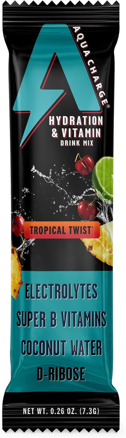 Grab The Gold Aqua Charge Electrolytes Drink Mix | Naturally Flavored Sugar-Free Hydration Drinks with B Vitamins | Vegan, Gluten-Free, Non-GMO | Tropical Twist - 16 Packs