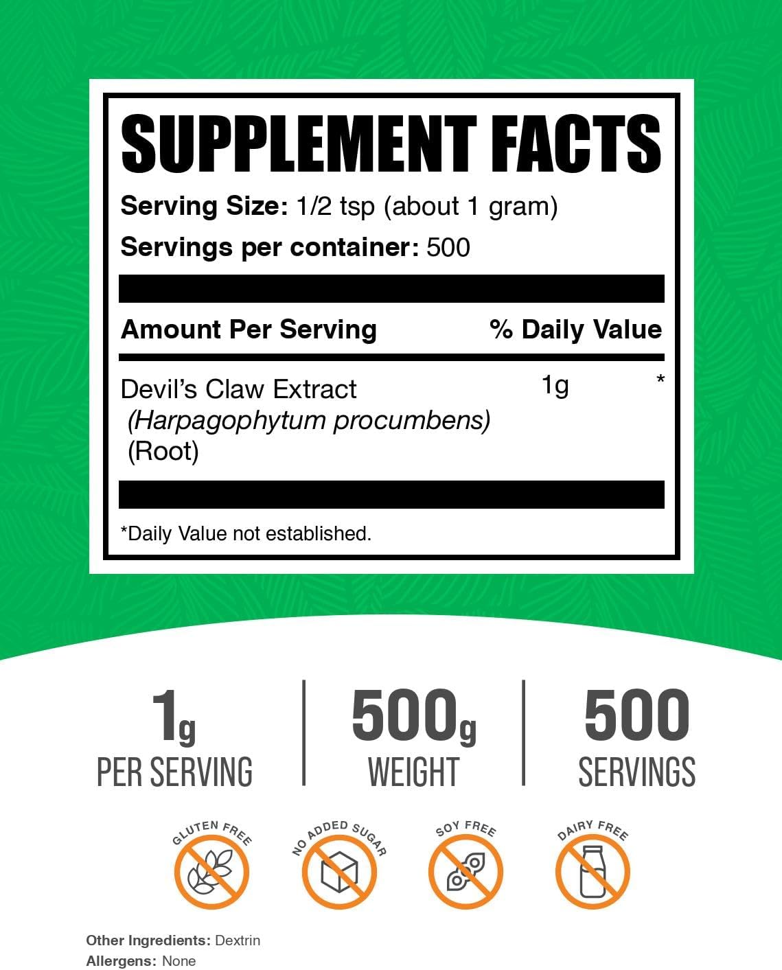 BulkSupplements.com Devil's Claw Extract Powder - from Devil's Claw Root, Herbal Supplement - Vegan & Gluten Free, 1g per Serving, 500g (1.1 lbs) (Pack of 1)