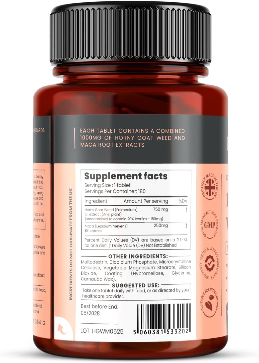pureclinica 10X Horny Goat Weed Extract (3750mg) Maca Extract (2500mg) x 1080 Tablets (6 Bottles of 180) -10 X More Icariins and Maca
