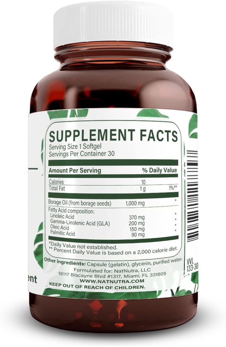 Natural Nutra Borage Oil, Maintain Skin Health, Support Heart Health, Improves Nerve Health, Help Reduce Pimple, Help Overcome Joint Pain, Omega 6 Essential Fatty Acids Supplement 30 Soft gels.