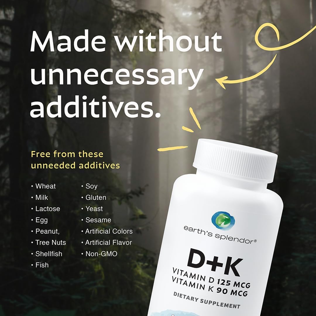 Earth's Splendor Vitamin D + K, 120 Capsules, Contains D 120mcg of Vitamin D3 and 90mcg Vitamin K2, 4 Month Supply