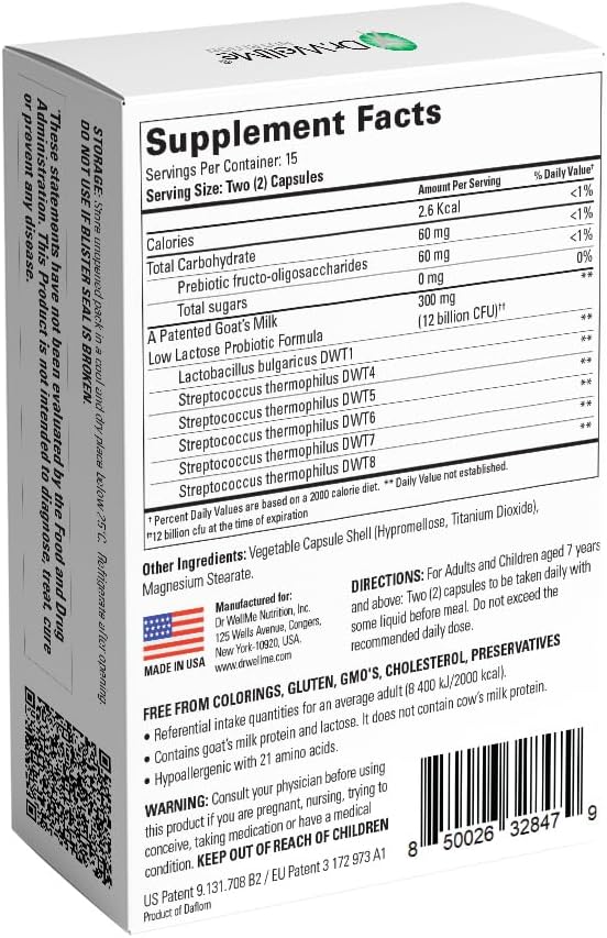 Dr. WellMe Laktera Allergy-Free Probiotics – 30 Capsules, 12B CFU Goat’s Milk Probiotic Formula, Immune & Gut Health Supplements – Low Lactose, Gluten-Free for Adults & 7+ Children