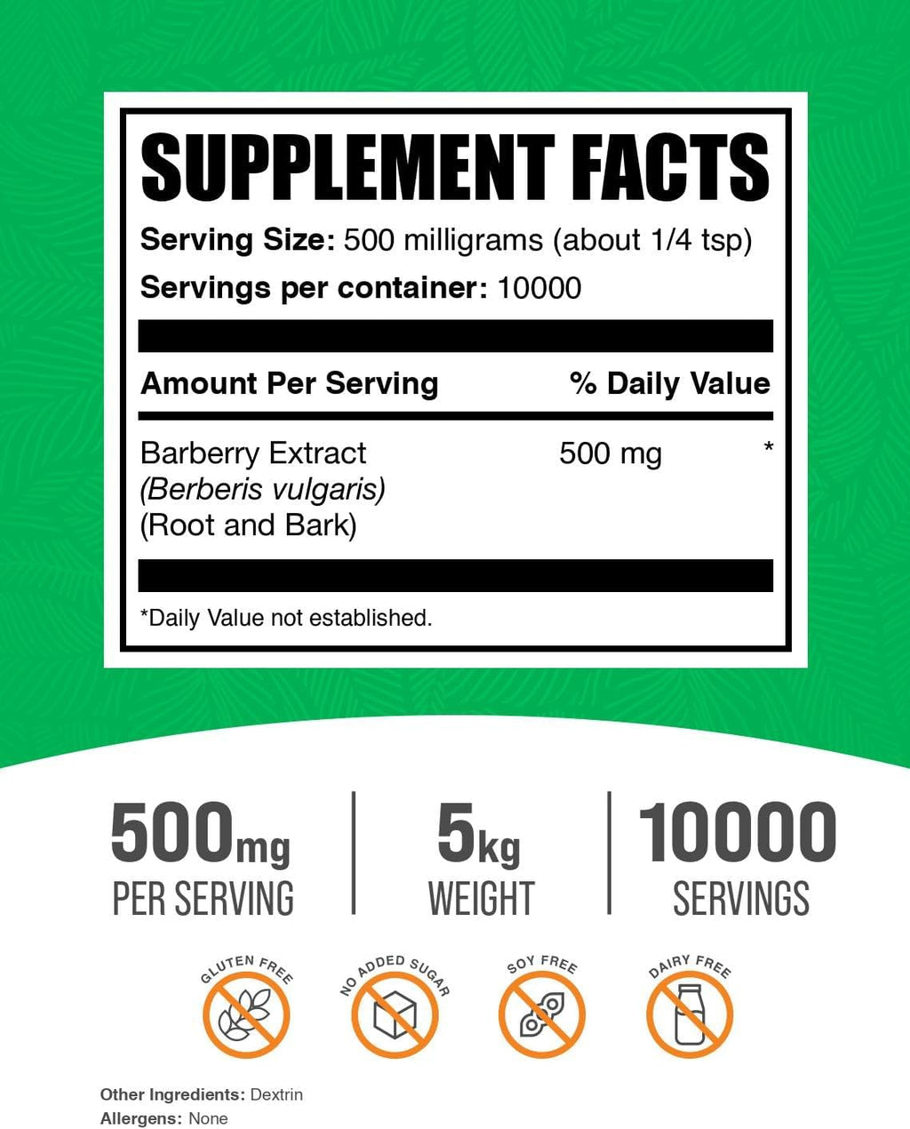 BulkSupplements.com Barberry Extract Powder - Herbal Supplement - Vegan & Gluten Free, 500mg per Serving, 1kg (2.2 lbs) (Pack of 5)