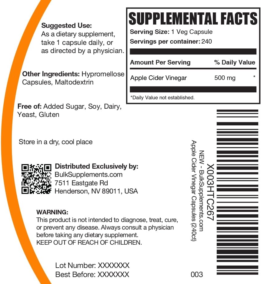 BulkSupplements.com Apple Cider Vinegar Capsules - ACV Capsules, Apple Cider Vinegar Supplements, Apple Cider Vinegar 500mg - Gluten Free, Capsule per Serving, 240 Capsules (Pack of 1)