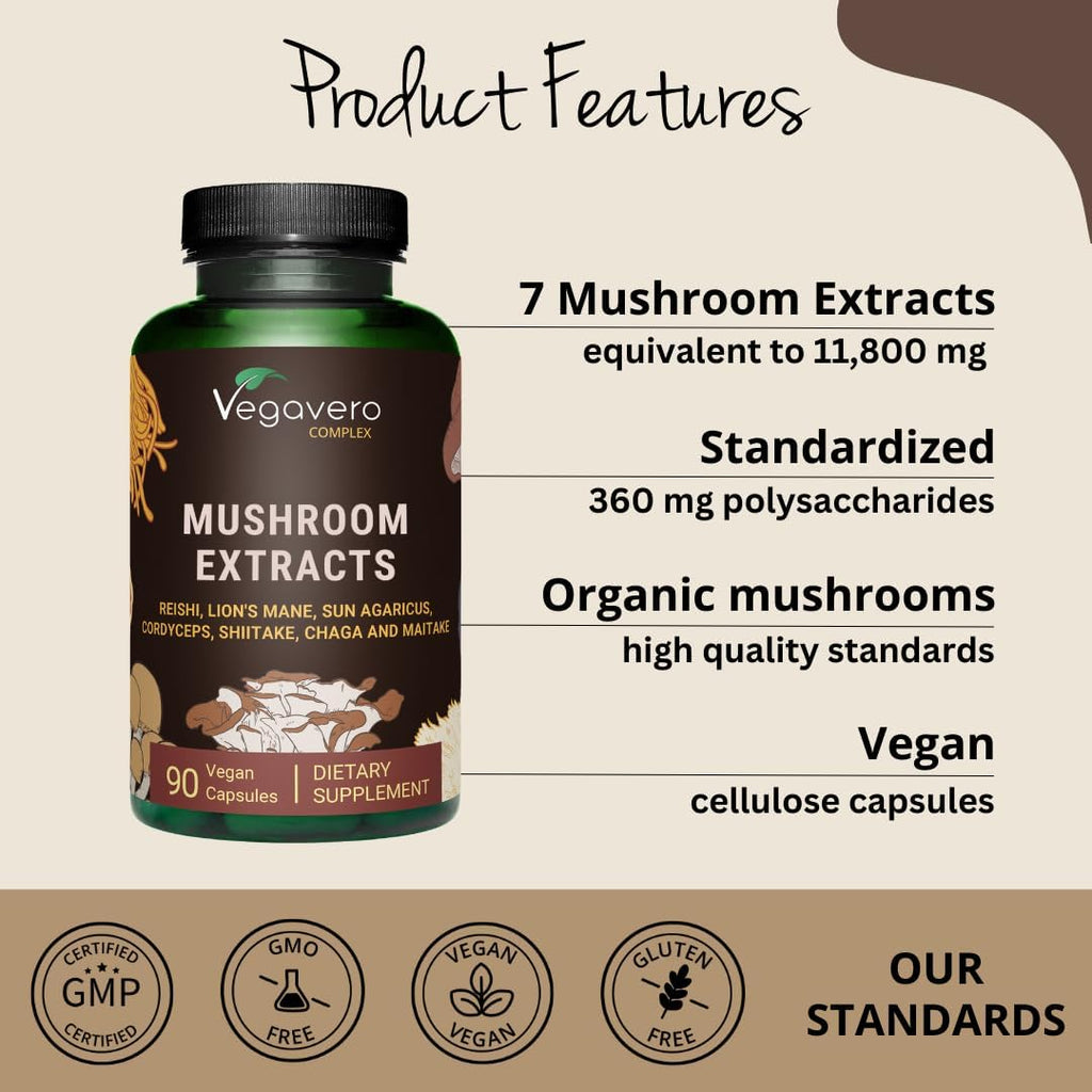Organic Mushroom Supplement | 11,800mg | Lion Mane, Reishi, Cordyceps | Nootropic + Natural Immune Support | 90 Capsules