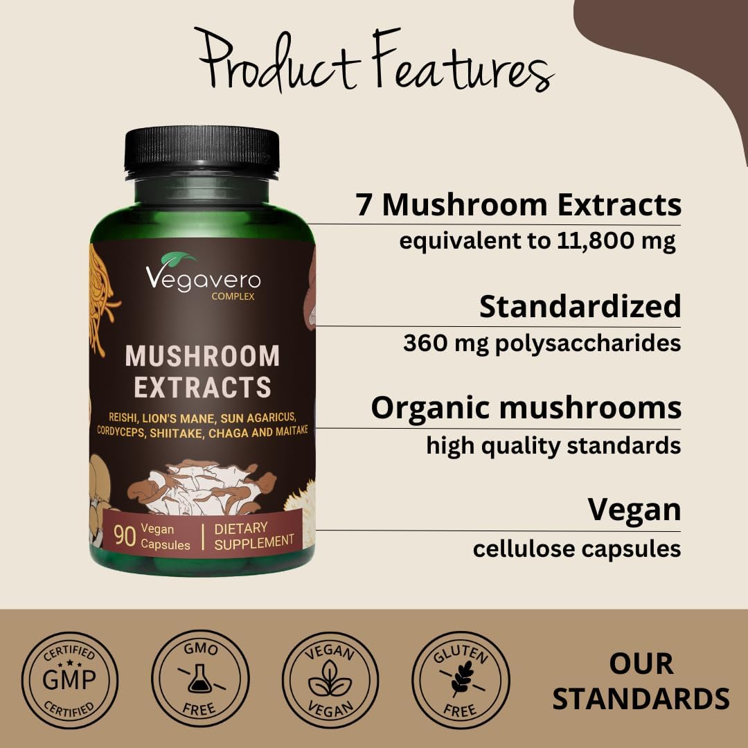 Organic Mushroom Supplement | 11,800mg | Lion Mane, Reishi, Cordyceps | Nootropic + Natural Immune Support | 90 Capsules