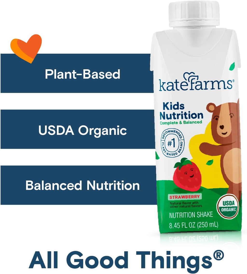 KATE FARMS Organic Kids Nutrition Strawberry Shake, 8g Protein, 27 Vitamins and Minerals, Meal Replacement, Gluten Free, Non-GMO, 8.45 oz (12 Pack)