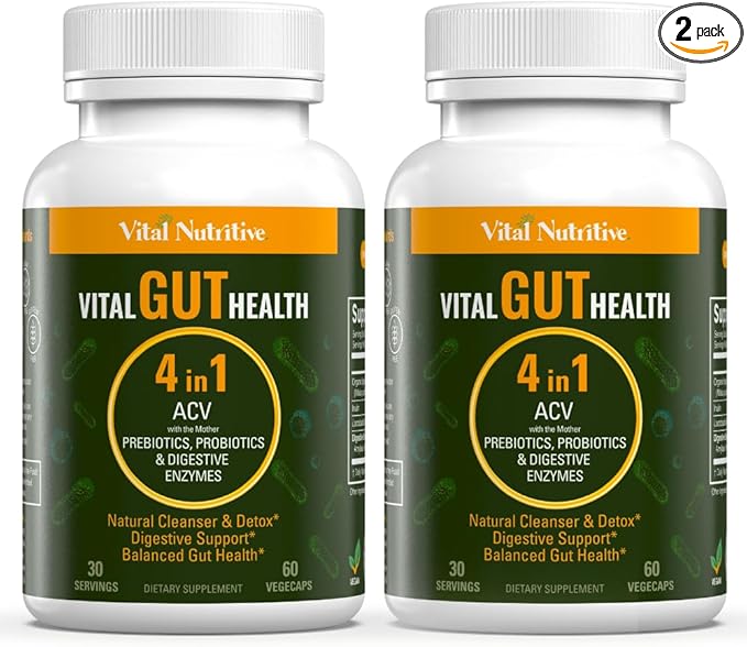 Vital Gut Health 4in1 Formula with Apple Cider Vinegar, Prebiotics & Probiotics, Digestive Enzymes for Strong Immunity Support and Complete Gut and Digestion Support- 60 Days Supply