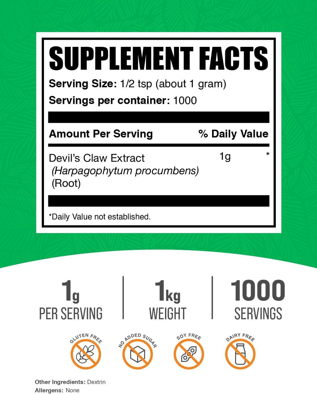 BulkSupplements.com Devil's Claw Extract Powder - from Devil's Claw Root, Herbal Supplement - Vegan & Gluten Free, 1g per Serving, 1kg (2.2 lbs) (Pack of 1)
