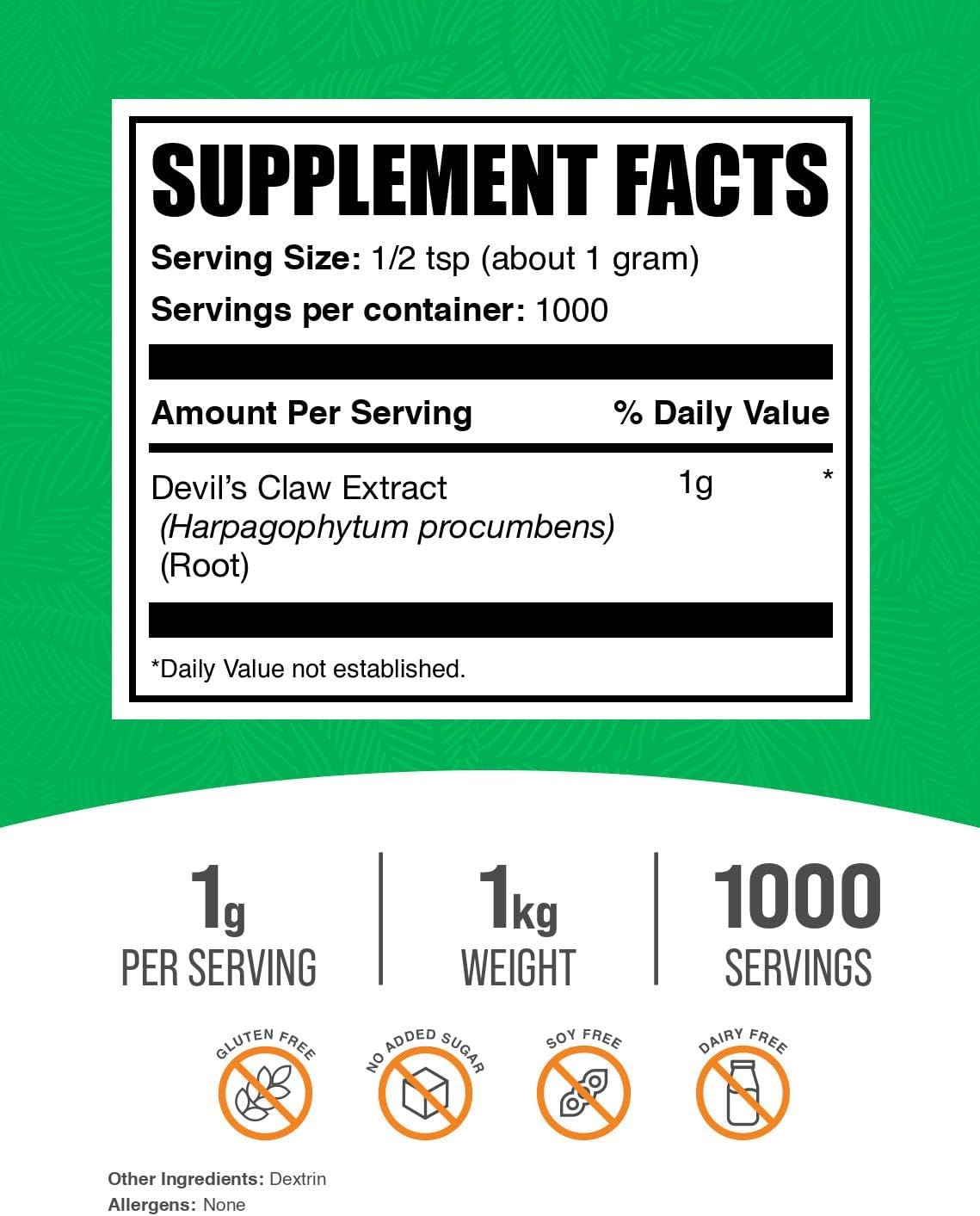 BulkSupplements.com Devil's Claw Extract Powder - from Devil's Claw Root, Herbal Supplement - Vegan & Gluten Free, 1g per Serving, 1kg (2.2 lbs) (Pack of 1)