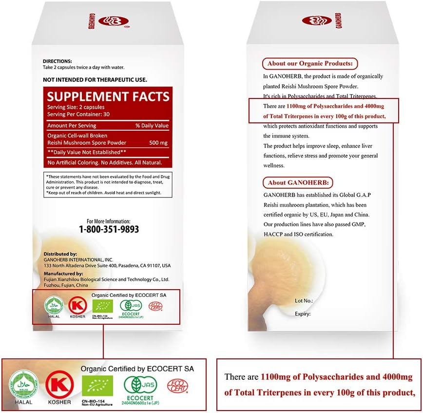 Organic Reishi Mushroom Capsules with 100% Ganoderma Lucidum Reishi Spore Powder for Boost Immune System, Vegan, All Natural, Non-GMO & Gluten Free, 60 Veggie Capsules