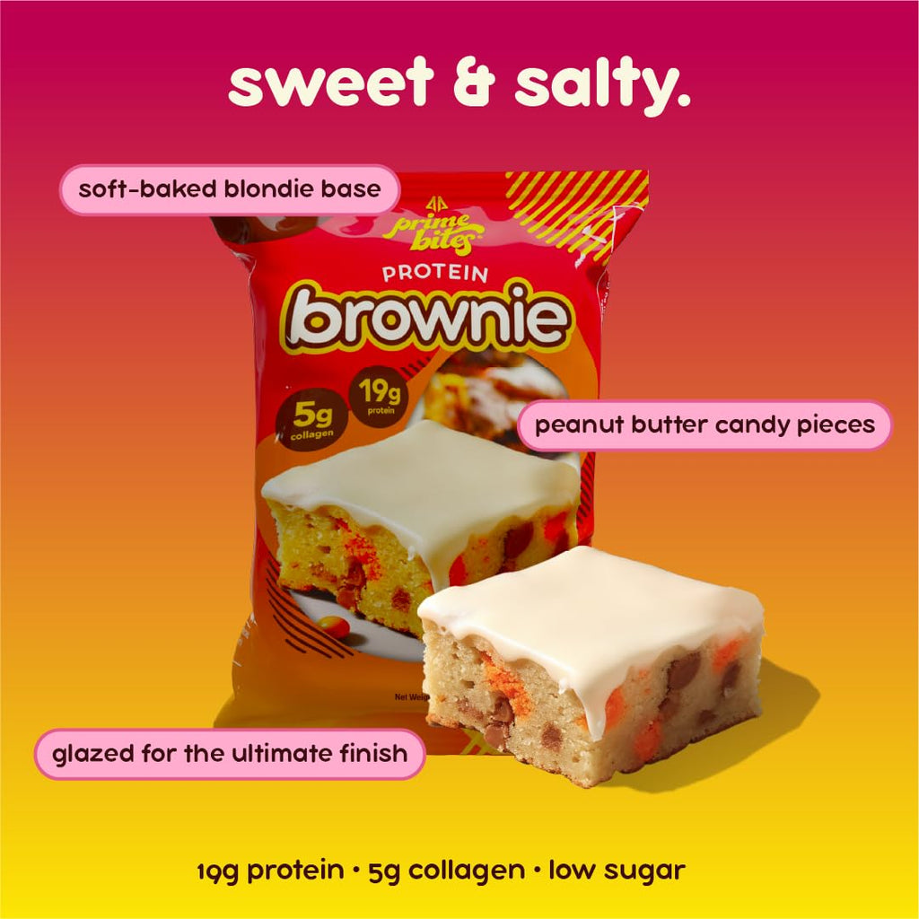 Prime Bites Protein Brownie from Alpha Prime Supplements | High Protein, Collagen Fortified Low Sugar Treat | Delicious Snack | 12 Bars per Box (Peanut Butter Candy Crunch)