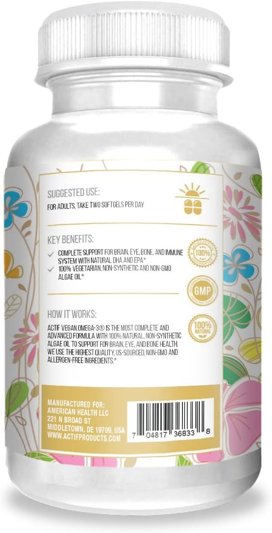 Actif Vegan Omega-3, High Strength Algae Oil Formula, 100% Natural, Organic DHA, EPA, Omega-3 - Non-GMO, 90 count