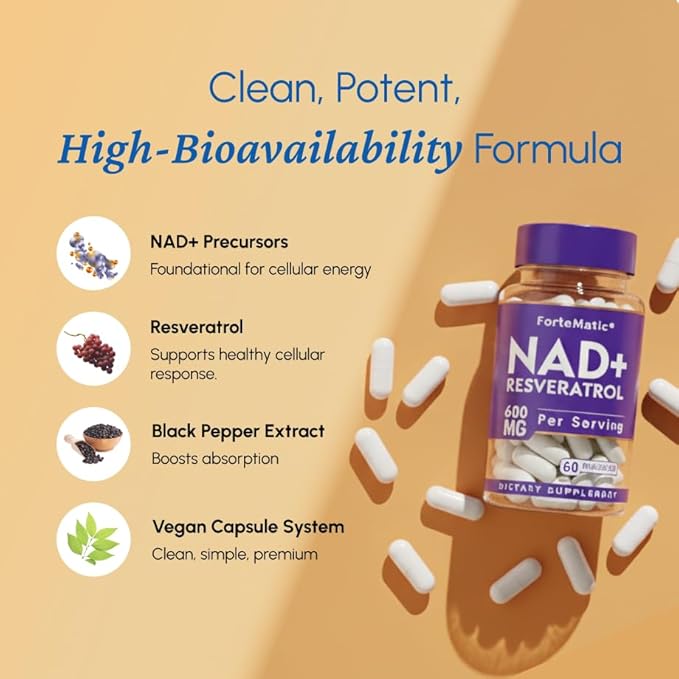 NAD+ Resveratrol, Natural Antioxidant Cellular Energy Supplement, 600mg, 60 Capsules, Made in USA