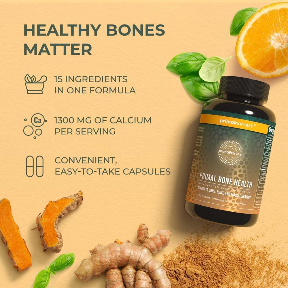 Primal Harvest 2 Pack, Primal Bone Health Calcium Carbonate Bone Health Complex for Men & Women with Calcium, Magnesium, Zinc, Manganese, Potassium, & L-Carnitine (240 Capsules)