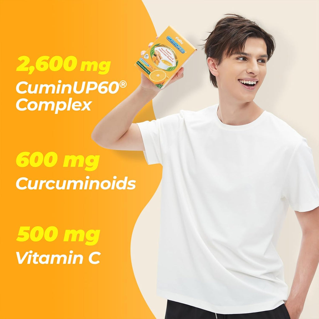 Turmeric Curcumin Drink Powder, Turmeric Immunity Shots with Vitamin C, Orange Flavor Instant Drink Mix Packets, High Absorption Curcumin Complex CuminUP60, Immune & Joint Support Supplement