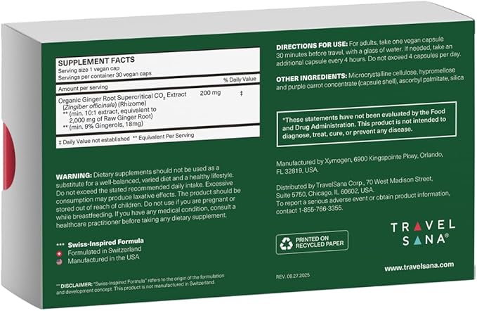 Organic Ginger Supplement | 18 mg Gingerols | 2,000 mg Raw Ginger Root Powder Eq. | 10:1 Extract | Supports Stomach Comfort* & Motion-Related Nausea* | Travel Essentials | 30 Veg Capsules